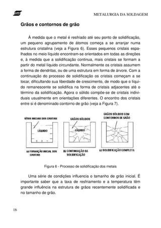 METALURGIA DA SOLDAGEM

     Grãos e contornos de grão

          À medida que o metal é resfriado até seu ponto de solidificação,
     um pequeno agrupamento de átomos começa a se arranjar numa
     estrutura cristalina (veja a Figura 6). Esses pequenos cristais espa-
     lhados no meio líquido encontram-se orientados em todas as direções
     e, à medida que a solidificação continua, mais cristais se formam a
     partir do metal líquido circundante. Normalmente os cristais assumem
     a forma de dendritas, ou de uma estrutura em forma de árvore. Com a
     continuação do processo de solidificação os cristais começam a se
     tocar, dificultando sua liberdade de crescimento, de modo que o líqui-
     do remanescente se solidifica na forma de cristais adjacentes até o
     término da solidificação. Agora o sólido compõe-se de cristais indivi-
     duais usualmente em orientações diferentes. O encontro dos cristais
     entre si é denominado contorno de grão (veja a Figura 7).




                  Figura 6 - Processo de solidificação dos metais

          Uma série de condições influencia o tamanho de grão inicial. É
     importante saber que a taxa de resfriamento e a temperatura têm
     grande influência na estrutura de grãos recentemente solidificada e
     no tamanho de grão.



16
 