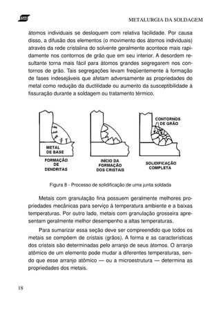 METALURGIA DA SOLDAGEM

     átomos individuais se desloquem com relativa facilidade. Por causa
     disso, a difusão dos elementos (o movimento dos átomos individuais)
     através da rede cristalina do solvente geralmente acontece mais rapi-
     damente nos contornos de grão que em seu interior. A desordem re-
     sultante torna mais fácil para átomos grandes segregarem nos con-
     tornos de grão. Tais segregações levam freqüentemente à formação
     de fases indesejáveis que afetam adversamente as propriedades do
     metal como redução da ductilidade ou aumento da susceptibilidade à
     fissuração durante a soldagem ou tratamento térmico.




             Figura 8 - Processo de solidificação de uma junta soldada

          Metais com granulação fina possuem geralmente melhores pro-
     priedades mecânicas para serviço à temperatura ambiente e a baixas
     temperaturas. Por outro lado, metais com granulação grosseira apre-
     sentam geralmente melhor desempenho a altas temperaturas.
         Para sumarizar essa seção deve ser compreendido que todos os
     metais se compõem de cristais (grãos). A forma e as características
     dos cristais são determinadas pelo arranjo de seus átomos. O arranjo
     atômico de um elemento pode mudar a diferentes temperaturas, sen-
     do que esse arranjo atômico — ou a microestrutura — determina as
     propriedades dos metais.


18
 
