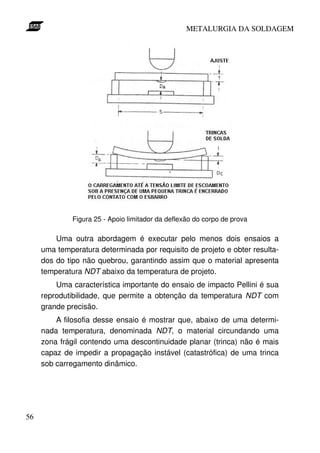 METALURGIA DA SOLDAGEM




              Figura 25 - Apoio limitador da deflexão do corpo de prova

         Uma outra abordagem é executar pelo menos dois ensaios a
     uma temperatura determinada por requisito de projeto e obter resulta-
     dos do tipo não quebrou, garantindo assim que o material apresenta
     temperatura NDT abaixo da temperatura de projeto.
         Uma característica importante do ensaio de impacto Pellini é sua
     reprodutibilidade, que permite a obtenção da temperatura NDT com
     grande precisão.
         A filosofia desse ensaio é mostrar que, abaixo de uma determi-
     nada temperatura, denominada NDT, o material circundando uma
     zona frágil contendo uma descontinuidade planar (trinca) não é mais
     capaz de impedir a propagação instável (catastrófica) de uma trinca
     sob carregamento dinâmico.




56
 