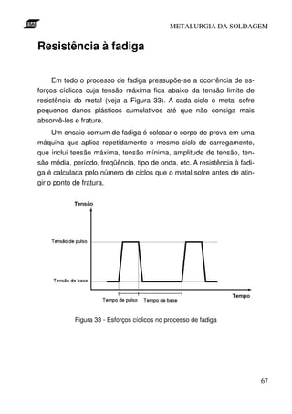 METALURGIA DA SOLDAGEM


Resistência à fadiga

     Em todo o processo de fadiga pressupõe-se a ocorrência de es-
forços cíclicos cuja tensão máxima fica abaixo da tensão limite de
resistência do metal (veja a Figura 33). A cada ciclo o metal sofre
pequenos danos plásticos cumulativos até que não consiga mais
absorvê-los e frature.
     Um ensaio comum de fadiga é colocar o corpo de prova em uma
máquina que aplica repetidamente o mesmo ciclo de carregamento,
que inclui tensão máxima, tensão mínima, amplitude de tensão, ten-
são média, período, freqüência, tipo de onda, etc. A resistência à fadi-
ga é calculada pelo número de ciclos que o metal sofre antes de atin-
gir o ponto de fratura.




            Figura 33 - Esforços cíclicos no processo de fadiga




                                                                           67
 
