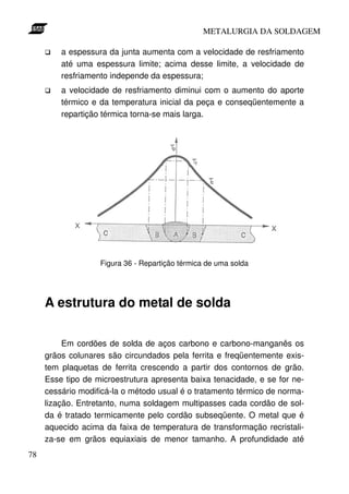 METALURGIA DA SOLDAGEM

         a espessura da junta aumenta com a velocidade de resfriamento
         até uma espessura limite; acima desse limite, a velocidade de
         resfriamento independe da espessura;
         a velocidade de resfriamento diminui com o aumento do aporte
         térmico e da temperatura inicial da peça e conseqüentemente a
         repartição térmica torna-se mais larga.




                   Figura 36 - Repartição térmica de uma solda




     A estrutura do metal de solda

          Em cordões de solda de aços carbono e carbono-manganês os
     grãos colunares são circundados pela ferrita e freqüentemente exis-
     tem plaquetas de ferrita crescendo a partir dos contornos de grão.
     Esse tipo de microestrutura apresenta baixa tenacidade, e se for ne-
     cessário modificá-la o método usual é o tratamento térmico de norma-
     lização. Entretanto, numa soldagem multipasses cada cordão de sol-
     da é tratado termicamente pelo cordão subseqüente. O metal que é
     aquecido acima da faixa de temperatura de transformação recristali-
     za-se em grãos equiaxiais de menor tamanho. A profundidade até
78
 