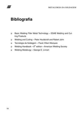 METALURGIA DA SOLDAGEM




     Bibliografia


       Basic Welding Filler Metal Technology – ESAB Welding and Cut-
       ting Products
       Welding and Cutting – Peter Houldcroft and Robert John
       Tecnologia da Soldagem – Paulo Villani Marques
       Welding Handbook – 8th edition – American Welding Society
       Welding Metallurgy – George E. Linnert




94
 