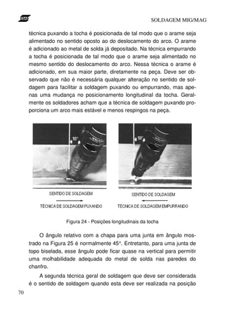 SOLDAGEM MIG/MAG

     técnica puxando a tocha é posicionada de tal modo que o arame seja
     alimentado no sentido oposto ao do deslocamento do arco. O arame
     é adicionado ao metal de solda já depositado. Na técnica empurrando
     a tocha é posicionada de tal modo que o arame seja alimentado no
     mesmo sentido do deslocamento do arco. Nessa técnica o arame é
     adicionado, em sua maior parte, diretamente na peça. Deve ser ob-
     servado que não é necessária qualquer alteração no sentido de sol-
     dagem para facilitar a soldagem puxando ou empurrando, mas ape-
     nas uma mudança no posicionamento longitudinal da tocha. Geral-
     mente os soldadores acham que a técnica de soldagem puxando pro-
     porciona um arco mais estável e menos respingos na peça.




                    Figura 24 - Posições longitudinais da tocha

         O ângulo relativo com a chapa para uma junta em ângulo mos-
     trado na Figura 25 é normalmente 45°. Entretanto, para uma junta de
     topo biselada, esse ângulo pode ficar quase na vertical para permitir
     uma molhabilidade adequada do metal de solda nas paredes do
     chanfro.
         A segunda técnica geral de soldagem que deve ser considerada
     é o sentido de soldagem quando esta deve ser realizada na posição
70
 