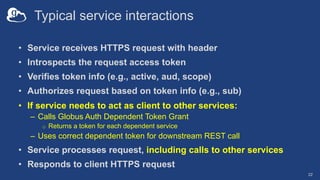 Typical service interactions
• Service receives HTTPS request with header
• Introspects the request access token
• Verifies token info (e.g., active, aud, scope)
• Authorizes request based on token info (e.g., sub)
• If service needs to act as client to other services:
– Calls Globus Auth Dependent Token Grant
o Returns a token for each dependent service
– Uses correct dependent token for downstream REST call
• Service processes request, including calls to other services
• Responds to client HTTPS request
22
 