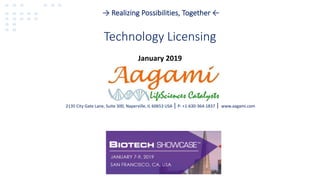 Technology Licensing
→ Realizing Possibilities, Together ←
2135 City Gate Lane, Suite 300, Naperville, IL 60653 USA | P: +1-630-364-1837 | www.aagami.com
January 2019
 