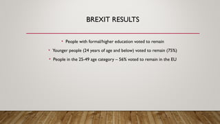 BREXIT RESULTS
• People with formal/higher education voted to remain
• Younger people (24 years of age and below) voted to remain (75%)
• People in the 25-49 age category – 56% voted to remain in the EU
 