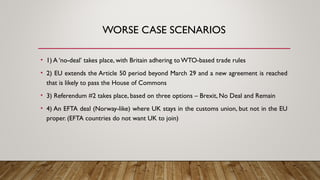 WORSE CASE SCENARIOS
• 1) A ‘no-deal’ takes place, with Britain adhering to WTO-based trade rules
• 2) EU extends the Article 50 period beyond March 29 and a new agreement is reached
that is likely to pass the House of Commons
• 3) Referendum #2 takes place, based on three options – Brexit, No Deal and Remain
• 4) An EFTA deal (Norway-like) where UK stays in the customs union, but not in the EU
proper. (EFTA countries do not want UK to join)
 