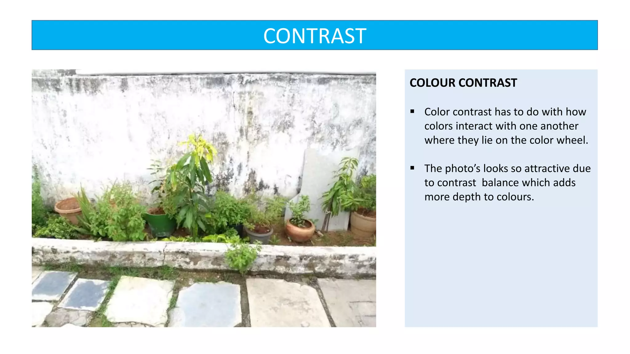 COLOUR CONTRAST
 Color contrast has to do with how
colors interact with one another
where they lie on the color wheel.
 The photo’s looks so attractive due
to contrast balance which adds
more depth to colours.
CONTRAST
 