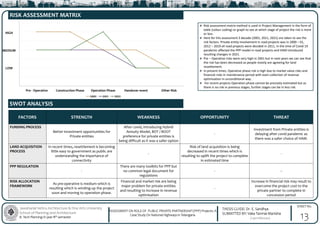 Jawaharlal Nehru Architecture & Fine Arts University
School of Planning and Architecture
B. Tech Planning IV year 8th semester
THESIS GUIDE: Dr. E. Sandhya
SUBMITTED BY: Vaka Tanmai Manisha
(19011BA040)
SHEET No.
ASSESSMENT ON ROLE OF PUBLIC PRIVATE PARTNERSHIP (PPP) Projects: A
Case Study On National Highways in Telangana
RISK ASSESSMENT MATRIX
SWOT ANALYSIS
Pre - Operative Construction Phase Operation Phase Handover event Other Risk
2001 2011 2021
HIGH
MEDIUM
LOW
FACTORS STRENGTH WEAKNESS OPPORTUNITY THREAT
FUNDING PROCESS
Better investment opportunities for
Private entities
After covid, introducing Hybrid
Annuity Model, BOT / BOOT
preference for private entities is
being difficult as it was a safer option
-
Investment from Private entities is
delaying after covid pandemic as
there was a safer choice of HAM.
LAND ACQUISITION
PROCESS
In recent times, resettlement is becoming
little easy to government as public are
understanding the importance of
connectivity
-
Risk of land acquisition is being
decreased in recent times which is
resulting to uplift the project to complete
in estimated time
-
PPP REGULATION
-
There are many toolkits for PPP but
no common legal document for
regulations
- --
RISK ALLOCATION
FRAMEWORK
As pre-operative is medium which is
resulting which is winding-up the project
soon and moving to operation phase.
Financial and market risk are being
major problem for private entities
and resulting to increase in revenue
optimisation
-
Increase in financial risk may result to
overcome the project cost to the
private partner to complete in
concession period
Risk assessment matrix method is used in Project Management in the form of
table (colour coding) or graph to see at which stage of project the risk is more
or less.
Here for this assessment 3 decade (2001, 2011, 2021) are taken to see the
risk factors. Private entity involvement in road projects was in 2000 – 01,
2012 – 2019 all road projects were decided in 2011, In the time of Covid 19
pandemic affected the PPP model in road projects and HAM introduced
resulting changes in 2021.
Pre – Operative risks were very high in 2001 but in next years we can see that
the risk has been decreased as people mostly are agreeing for land
resettlement.
In present times, Operative phase risk is high due to market value risks and
financial risks in maintenance period with even collection of revenue
optimisation in unconditional way.
For recent projects Operation phase cannot be precisely estimated but as
there is no risk in previous stages, further stages can be in less risk.
13
 