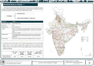 Jawaharlal Nehru Architecture & Fine Arts University
School of Planning and Architecture
B. Tech Planning IV year 8th semester
THESIS GUIDE: Dr. E. Sandhya
SUBMITTED BY: Vaka Tanmai Manisha
(19011BA040)
SHEET No.
ASSESSMENT ON ROLE OF PUBLIC PRIVATE PARTNERSHIP (PPP) Projects: A
Case Study On National Highways in Telangana
BHARATMALA PHASE - I
The Bharatmala Pariyojana envisages development of about 26,000 km length of Economic
Corridors, which along with Golden Quadrilateral (GQ) and North-South and East-West (NS-EW)
Corridors are expected to carry majority of the Freight Traffic on roads.
• According to sector head of NHAI, the EPC & Hybrid Annuity Modes account for 98% of total
awards to date. In terms of funding, the project initially envisaged 40% each from internal and extra-
budgetary resources, and the balance of 20% from gross budgetary support, including toll collections and
private sector investment.
near Border areas
Coastal roads including non – major ports
To develop
2021 – 2022
Actual
2022 – 2023
Budget
Estimates
2022 – 2023
Revised
Estimates
2023 – 2024
Budget Estimates
National Highways
Authority of India
57081 134015 1416060 162207
In ₹ crore
Particulars Details
Name of the Project Bharatmala Project
Launch yar 2015
Estimated cost ₹ 10.63 lakh crore
Length Phase I – 31, 800 KM ( 26, 000 km length of economic corridors along
with Golden Quadrilateral [GQ]and North – South & East – West [NS –
EW])
Phase II – 8, 100km
Modality type EPC (Engineering, Procurement and Construction) , Hybrid Annuity
Model (HAM) & BOT / BOOT (Build Operate Transfer) (for National
Highways)
Current status Only 23.4 % of 34,800 km has been completed till date i.e., 8,134 km.
8
 