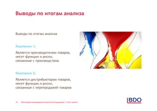 Выводы по итогам анализа


Выводы по итогам анализа


Компания 1:
Является производителем товаров,
несет функции и риски,
связанные с производством


Компания 2:
Является дистрибьютором товаров,
несет функции и риски,
связанные с перепродажей товаров



16   Реализация нововведений налогоплательщиками: С чего начать?
 