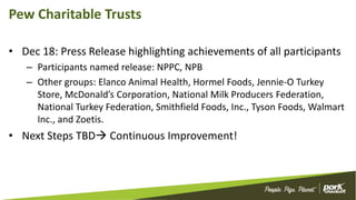 Pew Charitable Trusts
• Dec 18: Press Release highlighting achievements of all participants
– Participants named release: NPPC, NPB
– Other groups: Elanco Animal Health, Hormel Foods, Jennie-O Turkey
Store, McDonald’s Corporation, National Milk Producers Federation,
National Turkey Federation, Smithfield Foods, Inc., Tyson Foods, Walmart
Inc., and Zoetis.
• Next Steps TBD Continuous Improvement!
 