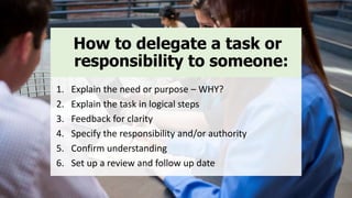 1. Explain the need or purpose – WHY?
2. Explain the task in logical steps
3. Feedback for clarity
4. Specify the responsibility and/or authority
5. Confirm understanding
6. Set up a review and follow up date
How to delegate a task or
responsibility to someone:
 