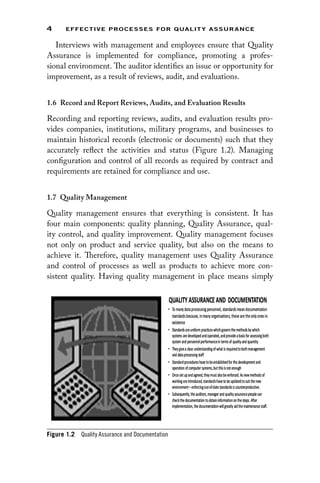 4 EFFECTIVE PROCESSES FOR QUALIT Y ASSURANCE
Interviews with management and employees ensure that Quality
Assurance is implemented for compliance, promoting a profes-
sional environment. The auditor identifies an issue or opportunity for
improvement, as a result of reviews, audit, and evaluations.
1.6 
Record and Report Reviews, Audits, and Evaluation Results
Recording and reporting reviews, audits, and evaluation results pro-
vides companies, institutions, military programs, and businesses to
maintain historical records (electronic or documents) such that they
accurately reflect the activities and status (Figure 1.2). Managing
configuration and control of all records as required by contract and
requirements are retained for compliance and use.
1.7 Quality Management
Quality management ensures that everything is consistent. It has
four main components: quality planning, Quality Assurance, qual-
ity control, and quality improvement. Quality management focuses
not only on product and service quality, but also on the means to
achieve it. Therefore, quality management uses Quality Assurance
and control of processes as well as products to achieve more con-
sistent quality. Having quality management in place means simply
Figure 1.2 Quality Assurance and Documentation
 