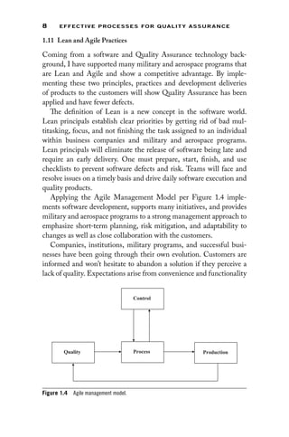 8 EFFECTIVE PROCESSES FOR QUALIT Y ASSURANCE
1.11 
Lean and Agile Practices
Coming from a software and Quality Assurance technology back-
ground, I have supported many military and aerospace programs that
are Lean and Agile and show a competitive advantage. By imple-
menting these two principles, practices and development deliveries
of products to the customers will show Quality Assurance has been
applied and have fewer defects.
The definition of Lean is a new concept in the software world.
Lean principals establish clear priorities by getting rid of bad mul-
titasking, focus, and not finishing the task assigned to an individual
within ­
business companies and military and aerospace programs.
Lean ­
principals will eliminate the release of software being late and
require an early delivery. One must prepare, start, finish, and use
checklists to prevent software defects and risk. Teams will face and
resolve issues on a timely basis and drive daily software execution and
quality products.
Applying the Agile Management Model per Figure 1.4 imple-
ments software development, supports many initiatives, and provides
military and aerospace programs to a strong management approach to
emphasize short-term planning, risk mitigation, and adaptability to
changes as well as close collaboration with the customers.
Companies, institutions, military programs, and successful busi-
nesses have been going through their own evolution. Customers are
informed and won’t hesitate to abandon a solution if they perceive a
lack of quality. Expectations arise from convenience and functionality
Control
Process Production
Quality
Figure 1.4 Agile management model.
 