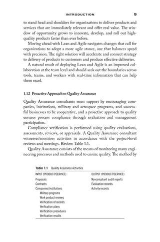 9
Introduction
to stand head and shoulders for organizations to deliver products and
services that are immediately relevant and offer real value. The win-
dow of opportunity grows to innovate, develop, and roll out high-
quality products faster than ever before.
Moving ahead with Lean and Agile navigates changes that call for
organizations to adopt a more agile stance, one that balances speed
with precision. The right solution will accelerate and connect strategy
to delivery of products to customers and produce effective deliveries.
A natural result of deploying Lean and Agile is an improved col-
laboration at the team level and should seek out the boundaries across
tools, teams, and workers with real-time information that can help
them excel.
1.12 
Proactive Approach to Quality Assurance
Quality Assurance consultants must support by encouraging com-
panies, institutions, military and aerospace programs, and success-
ful businesses to be cooperative, and a proactive approach to quality
ensures process compliance through evaluation and management
participation.
Compliance verification is performed using quality evaluations,
assessments, reviews, or appraisals. A Quality Assurance consultant
witnesses/monitors activities in accordance with the project-level
reviews and meetings. Review Table 1.1.
Quality Assurance consists of the means of monitoring many engi-
neering processes and methods used to ensure quality. The method by
Table 1.1 Quality Assurance Activities
INPUT (PRODUCT/SERVICE) OUTPUT (PRODUCT/SERVICE)
Proposals Noncompliant audit reports
Contracts Evaluation records
Companies/institutions Activity records
Military programs
Work product reviews
Verification of records
Verification plans
Verification procedures
Verification results
 