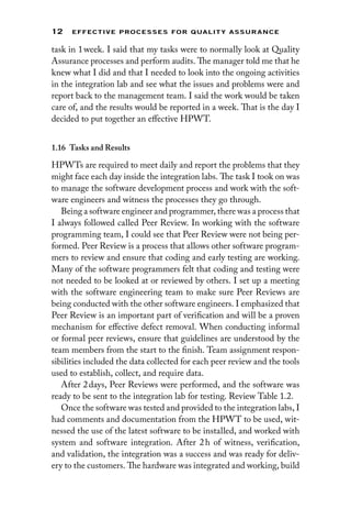 12 EFFECTIVE PROCESSES FOR QUALIT Y ASSURANCE
task in 1week. I said that my tasks were to normally look at Quality
Assurance processes and perform audits. The manager told me that he
knew what I did and that I needed to look into the ongoing activities
in the integration lab and see what the issues and problems were and
report back to the management team. I said the work would be taken
care of, and the results would be reported in a week. That is the day I
decided to put together an effective HPWT.
1.16 
Tasks and Results
HPWTs are required to meet daily and report the problems that they
might face each day inside the integration labs. The task I took on was
to manage the software development process and work with the soft-
ware engineers and witness the processes they go through.
Being a software engineer and programmer, there was a process that
I always followed called Peer Review. In working with the software
programming team, I could see that Peer Review were not being per-
formed. Peer Review is a process that allows other software program-
mers to review and ensure that coding and early testing are working.
Many of the software programmers felt that coding and testing were
not needed to be looked at or reviewed by others. I set up a meeting
with the software engineering team to make sure Peer Reviews are
being conducted with the other software engineers. I emphasized that
Peer Review is an important part of verification and will be a proven
mechanism for effective defect removal. When conducting informal
or formal peer reviews, ensure that guidelines are understood by the
team members from the start to the finish. Team assignment respon-
sibilities included the data collected for each peer review and the tools
used to establish, collect, and require data.
After 2days, Peer Reviews were performed, and the software was
ready to be sent to the integration lab for testing. Review Table 1.2.
Once the software was tested and provided to the integration labs, I
had comments and documentation from the HPWT to be used, wit-
nessed the use of the latest software to be installed, and worked with
system and software integration. After 2h of witness, ­
verification,
and validation, the integration was a success and was ready for deliv-
ery to the customers. The hardware was integrated and working, build
 