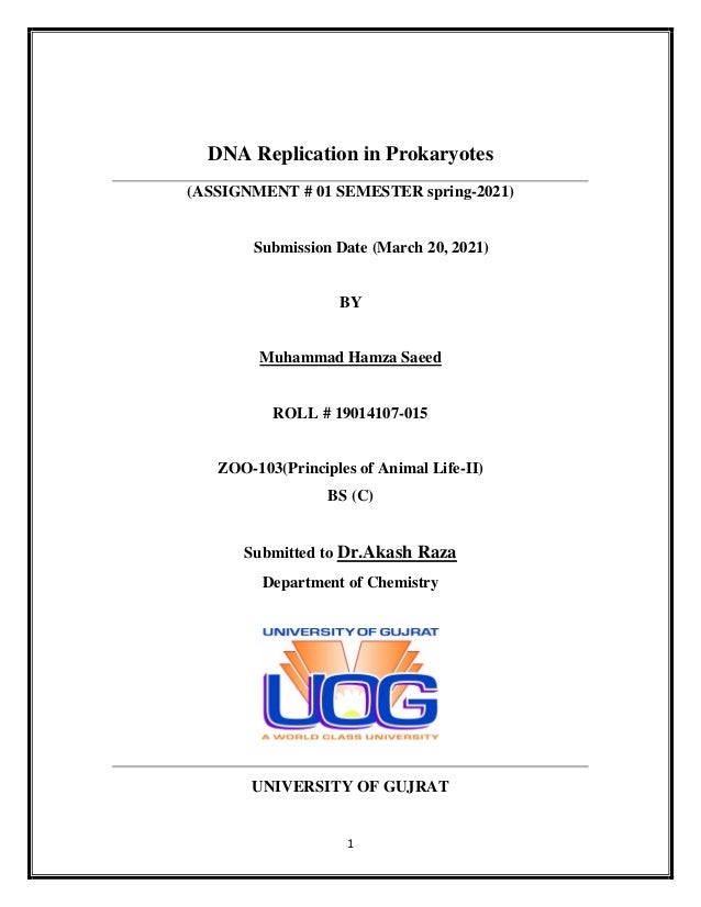 1
DNA Replication in Prokaryotes
(ASSIGNMENT # 01 SEMESTER spring-2021)
Submission Date (March 20, 2021)
BY
Muhammad Hamza Saeed
ROLL # 19014107-015
ZOO-103(Principles of Animal Life-II)
BS (C)
Submitted to Dr.Akash Raza
Department of Chemistry
UNIVERSITY OF GUJRAT
 