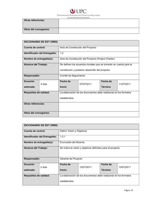 Otras referencias:

Hitos del cronograma:

DICCIONARIO DE EDT (WBS)
Cuenta de control:

Acta de Constitución del Proyecto

Identificador del Entregable:

1.2

Nombre de entregable(s):

Acta de Constitución del Proyecto (Project Charter)

Alcance del Trabajo:

Se definen los acuerdos iniciales que se tomarán en cuenta para la
constitución y posterior desarrollo del proyecto.

Responsable:

Comité de Seguimiento

Duración

Fecha de
3 días

Fecha de
07/07/2011

11/07/2011

estimada:

Inicio:

Término

Requisitos de calidad:

La elaboración de los documentos debe realizarse en los formatos
establecidos.

Otras referencias:

Hitos del cronograma:

DICCIONARIO DE EDT (WBS)
Cuenta de control:

Definir Visión y Objetivos

Identificador del Entregable:

1.3.1

Nombre de entregable(s):

Enunciado del Alcance

Alcance del Trabajo:

Se indica la visión y objetivos definidos para el proyecto

Responsable:

Gerente de Proyecto

Duración

Fecha de
2 días

Fecha de
12/07/2011

13/07/2011

estimada:

Inicio:

Término

Requisitos de calidad:

La elaboración de los documentos debe realizarse en los formatos
establecidos.

Página 19

 