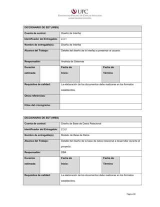 DICCIONARIO DE EDT (WBS)
Cuenta de control:

Diseño de Interfaz

Identificador del Entregable:

2.3.1

Nombre de entregable(s):

Diseño de Interfaz

Alcance del Trabajo:

Detalle del diseño de la interfaz a presentar al usuario.

Responsable:

Analista de Sistemas

Duración

Fecha de

Fecha de

estimada:

Inicio:

Término

Requisitos de calidad:

La elaboración de los documentos debe realizarse en los formatos
establecidos.

Otras referencias:

Hitos del cronograma:

DICCIONARIO DE EDT (WBS)
Cuenta de control:

Diseño de Base de Datos Relacional

Identificador del Entregable:

2.3.2

Nombre de entregable(s):

Modelo de Base de Datos

Alcance del Trabajo:

Detalle del diseño de la base de datos relacional a desarrollar durante el
proyecto.

Responsable:

DBA

Duración

Fecha de

Fecha de

estimada:

Inicio:

Término

Requisitos de calidad:

La elaboración de los documentos debe realizarse en los formatos
establecidos.

Página 28

 