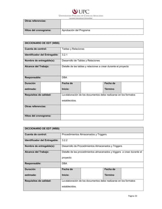 Otras referencias:

Hitos del cronograma:

Aprobación del Programa

DICCIONARIO DE EDT (WBS)
Cuenta de control:

Tablas y Relaciones

Identificador del Entregable:

3.2.1

Nombre de entregable(s):

Desarrollo de Tablas y Relaciones

Alcance del Trabajo:

Detalle de las tablas y relaciones a crear durante el proyecto

Responsable:

DBA

Duración

Fecha de

Fecha de

estimada:

Inicio:

Término

Requisitos de calidad:

La elaboración de los documentos debe realizarse en los formatos
establecidos.

Otras referencias:

Hitos del cronograma:

DICCIONARIO DE EDT (WBS)
Cuenta de control:

Procedimientos Almacenados y Triggers

Identificador del Entregable:

3.2.2

Nombre de entregable(s):

Desarrollo de Procedimientos Almacenados y Triggers

Alcance del Trabajo:

Detalle de las procedimientos almacenados y triggers a crear durante el
proyecto

Responsable:

DBA

Duración

Fecha de

Fecha de

estimada:

Inicio:

Término

Requisitos de calidad:

La elaboración de los documentos debe realizarse en los formatos
establecidos.

Página 33

 