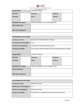 Responsable:

Analista de Calidad

Duración

Fecha de

Fecha de

estimada:

Inicio:

Término

Requisitos de calidad:

Debe ser aprobado por los Interesados clave

Otras referencias:

Hitos del cronograma:

DICCIONARIO DE EDT (WBS)
Cuenta de control:

Pruebas de la Interfaz Gráfica de Usuario

Identificador del Entregable:

4.2.3

Nombre de entregable(s):

Pruebas de la Interfaz Gráfica de Usuario

Alcance del Trabajo:

Se presenta la interfaz gráfica que se ha desarrollado para el proyecto.

Responsable:

Analista de Calidad

Duración

Fecha de

Fecha de

estimada:

Inicio:

Término

Requisitos de calidad:

Debe ser aprobado por los Interesados clave

Otras referencias:

Hitos del cronograma:

DICCIONARIO DE EDT (WBS)
Cuenta de control:

Manual de Usuario

Identificador del Entregable:

5.1.1

Nombre de entregable(s):

Manual de Usuario

Alcance del Trabajo:

Se detalla la funcionalidad del sistema que tendrá el usuario.

Página 38

 