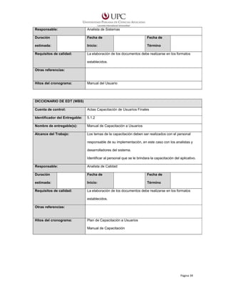 Responsable:

Analista de Sistemas

Duración

Fecha de

Fecha de

estimada:

Inicio:

Término

Requisitos de calidad:

La elaboración de los documentos debe realizarse en los formatos
establecidos.

Otras referencias:

Hitos del cronograma:

Manual del Usuario

DICCIONARIO DE EDT (WBS)
Cuenta de control:

Actas Capacitación de Usuarios Finales

Identificador del Entregable:

5.1.2

Nombre de entregable(s):

Manual de Capacitación a Usuarios

Alcance del Trabajo:

Los temas de la capacitación deben ser realizados con el personal
responsable de su implementación, en este caso con los analistas y
desarrolladores del sistema.
Identificar al personal que se le brindara la capacitación del aplicativo.

Responsable:

Analista de Calidad

Duración

Fecha de

Fecha de

estimada:

Inicio:

Término

Requisitos de calidad:

La elaboración de los documentos debe realizarse en los formatos
establecidos.

Otras referencias:

Hitos del cronograma:

Plan de Capacitación a Usuarios
Manual de Capacitación

Página 39

 