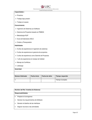 Capacidades::
• Proactivo
• Trabajo bajo presión
• Trabajo en equipo
Conocimiento:
• Ingeniería de Sistemas y/o Software
• Gerencia de Proyectos basado en PMBOK
• Metodología RUP
• Guía de Estándares SDLC
• Costos y Presupuestos
Habilidades
• 8 años de experiencia en ingeniería de sistemas
• 5 años de experiencia en gerencia de proyectos.
• 3 años de experiencia como Gerente de Proyectos
• 1 año de experiencia en manejo de Calidad
• Manejo de Conflictos
• Liderazgo
Autoridad

Número Estimado

Fecha inicio

Fecha de retiro

1

Tiempo requerido
Tiempo Completo

Nombre del Rol: Analista de Sistemas
Responsabilidades
•

Preparar el cronograma

•

Generar los requerimientos de Software

•

Generar el diseños de las interfaces

•

Asignar recursos a las actividades

Página 67

 
