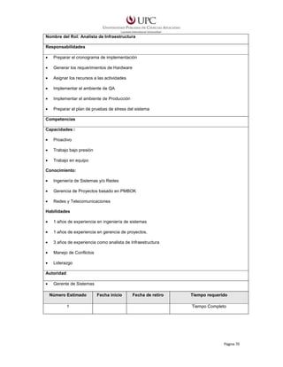 Nombre del Rol: Analista de Infraestructura
Responsabilidades
•

Preparar el cronograma de implementación

•

Generar los requerimientos de Hardware

•

Asignar los recursos a las actividades

•

Implementar el ambiente de QA

•

Implementar el ambiente de Producción

•

Preparar el plan de pruebas de stress del sistema

Competencias
Capacidades::
•

Proactivo

•

Trabajo bajo presión

•

Trabajo en equipo

Conocimiento:
•

Ingeniería de Sistemas y/o Redes

•

Gerencia de Proyectos basado en PMBOK

•

Redes y Telecomunicaciones

Habilidades
•

1 años de experiencia en ingeniería de sistemas

•

1 años de experiencia en gerencia de proyectos.

•

3 años de experiencia como analista de Infraestructura

•

Manejo de Conflictos

•

Liderazgo

Autoridad
•

Gerente de Sistemas
Número Estimado
1

Fecha inicio

Fecha de retiro

Tiempo requerido
Tiempo Completo

Página 70

 
