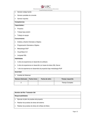 •

Generar código fuente

•

Generar pantallas de consulta

•

Generar reportes

Competencias
Capacidades::
•

Proactivo

•

Trabajo bajo presión

•

Trabajo en equipo

Conocimiento:
•

Análisis y Diseño Orientado a Objetos

•

Programación Orientada a Objetos

•

Metodología RUP

•

Visual Basic 6.0

•

Lenguaje SQL

Habilidades
•

3 años de experiencia en desarrollo de software

•

2 años de experiencia en desarrollo con bases de datos SQL Server

•

1 año de experiencia en desarrollo de proyectos bajo metodología RUP

Autoridad
•

Analista de Sistemas

Número Estimado

Fecha inicio

Fecha de retiro

2

Tiempo requerido
Tiempo Completo

Nombre del Rol: Testeador QA
Responsabilidades
•

Ejecutar el plan de pruebas del proyecto

•

Realizar las pruebas de stress del sistema

•

Realizar las pruebas de stress de la Base de Datos

Página 72

 
