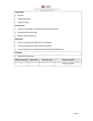 Capacidades::
•

Proactivo

•

Trabajo bajo presión

•

Trabajo en equipo

Conocimiento:
•

Técnico en Ensamblaje y Configuración de Equipos de Computo

•

Herramientas de Service Desk

•

Redes y Telecomunicaciones

Habilidades
•

2 años de experiencia como técnico de computadoras

•

1 años de experiencia en redes y telecomunicaciones

•

1 año de experiencia en implementación de proyectos de infraestructura

Autoridad
•

Analista de Infraestructura

Número Estimado
1

Fecha inicio

Fecha de retiro

Tiempo requerido
Tiempo Completo

Página 74

 