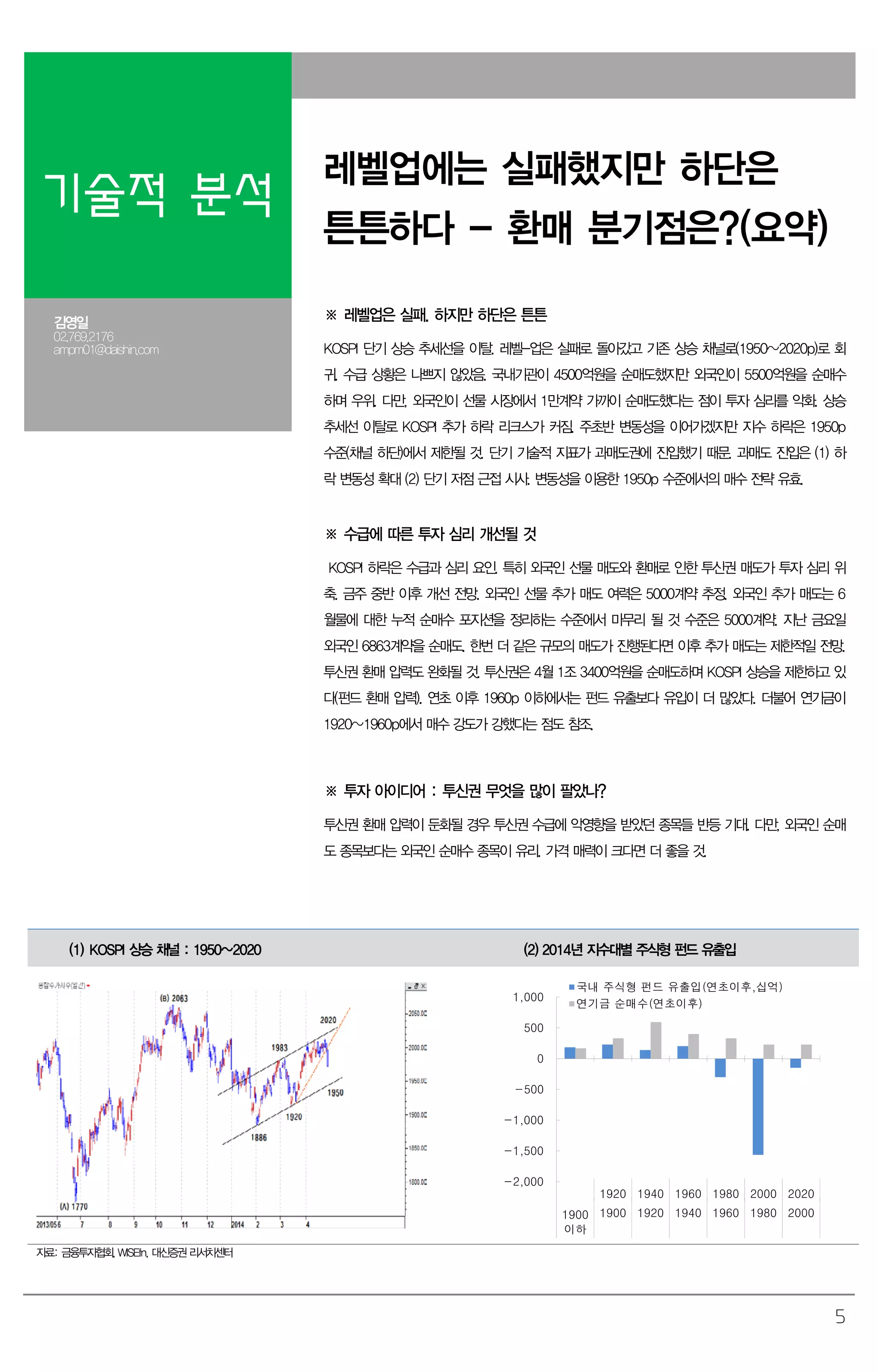5
기술적 분석
레벨업에는 실패했지만 하단은
튼튼하다 - 환매 분기점은?(요약)
김영일
02.769.2176
ampm01@daishin.com
※ 레벨업은 실패. 하지만 하단은 튼튼
KOSPI 단기 상승 추세선을 이탈. 레벨-업은 실패로 돌아갔고 기존 상승 채널로(1950~2020p)로 회
귀. 수급 상황은 나쁘지 않았음. 국내기관이 4500억원을 순매도했지만 외국인이 5500억원을 순매수
하며 우위. 다만, 외국인이 선물 시장에서 1만계약 가까이 순매도했다는 점이 투자 심리를 악화. 상승
추세선 이탈로 KOSPI 추가 하락 리크스가 커짐. 주초반 변동성을 이어가겠지만 지수 하락은 1950p
수준(채널 하단)에서 제한될 것. 단기 기술적 지표가 과매도권에 진입했기 때문. 과매도 진입은 (1) 하
락 변동성 확대 (2) 단기 저점 근접 시사. 변동성을 이용한 1950p 수준에서의 매수 전략 유효.
※ 수급에 따른 투자 심리 개선될 것
KOSPI 하락은 수급과 심리 요인. 특히 외국인 선물 매도와 환매로 인한 투신권 매도가 투자 심리 위
축. 금주 중반 이후 개선 전망. 외국인 선물 추가 매도 여력은 5000계약 추정. 외국인 추가 매도는 6
월물에 대한 누적 순매수 포지션을 정리하는 수준에서 마무리 될 것 수준은 5000계약. 지난 금요일
외국인 6863계약을 순매도. 한번 더 같은 규모의 매도가 진행된다면 이후 추가 매도는 제한적일 전망.
투신권 환매 압력도 완화될 것. 투신권은 4월 1조 3400억원을 순매도하며 KOSPI 상승을 제한하고 있
다(펀드 환매 압력). 연초 이후 1960p 이하에서는 펀드 유출보다 유입이 더 많았다. 더불어 연기금이
1920~1960p에서 매수 강도가 강했다는 점도 참조.
※ 투자 아이디어 : 투신권 무엇을 많이 팔았나?
투신권 환매 압력이 둔화될 경우 투신권 수급에 악영향을 받았던 종목들 반등 기대. 다만, 외국인 순매
도 종목보다는 외국인 순매수 종목이 유리. 가격 매력이 크다면 더 좋을 것.
(1) KOSPI 상승 채널 : 1950~2020 (2) 2014년 지수대별 주식형 펀드 유출입
-2,000
-1,500
-1,000
-500
0
500
1,000
1920 1940 1960 1980 2000 2020
1900
이하
1900 1920 1940 1960 1980 2000
국내 주식형 펀드 유출입(연초이후,십억)
연기금 순매수(연초이후)
자료: 금융투자협회, WISEfn, 대신증권 리서치센터
 