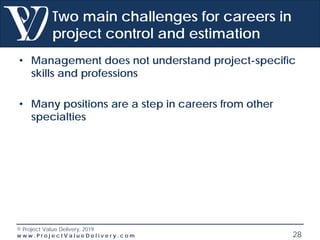 © Project Value Delivery, 2019
w w w . P r o j e c t V a l u e D e l i v e r y . c o m 28
Two main challenges for careers in
project control and estimation
• Management does not understand project-specific
skills and professions
• Many positions are a step in careers from other
specialties
 