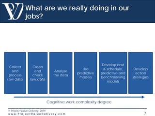 © Project Value Delivery, 2019
w w w . P r o j e c t V a l u e D e l i v e r y . c o m 7
What are we really doing in our
jobs?
Cognitive work complexity degree
Collect
and
process
raw data
Clean
and
check
raw data
Analyse
the data
Develop cost
& schedule,
predictive and
benchmarking
models
Use
predictive
models
Develop
action
strategies
 