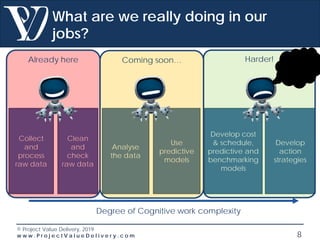 © Project Value Delivery, 2019
w w w . P r o j e c t V a l u e D e l i v e r y . c o m 8
What are we really doing in our
jobs?
Degree of Cognitive work complexity
Collect
and
process
raw data
Clean
and
check
raw data
Analyse
the data
Develop cost
& schedule,
predictive and
benchmarking
models
Use
predictive
models
Develop
action
strategies
Already here Coming soon… Harder!
 