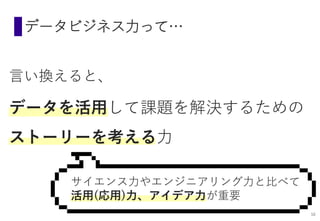 データビジネス力って…
言い換えると、
データを活用して課題を解決するための
ストーリーを考える力
サイエンス力やエンジニアリング力と比べて
活用(応用)力、アイデア力が重要
10
 