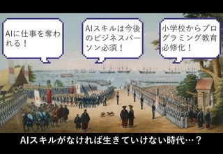 AIスキルがなければ生きていけない時代…？3
AIに仕事を奪わ
れる！
小学校からプロ
グラミング教育
必修化！
AIスキルは今後
のビジネスパー
ソン必須！
 