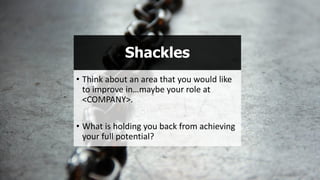 Shackles
• Think about an area that you would like
to improve in…maybe your role at
<COMPANY>.
• What is holding you back from achieving
your full potential?
 