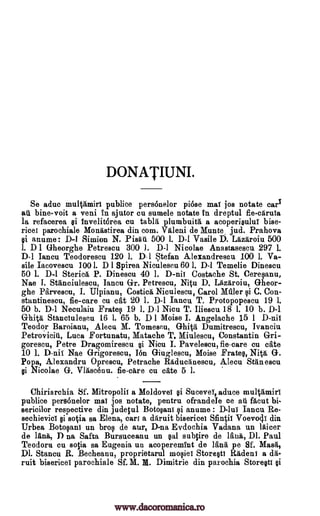 DONATIUNI.
Se aduc multamirt publice pers6nelor piose mat jos notate earl
an bine-voit a veni in ajutor cu sumele notate fn dreptul fie-caruta
la refacerea ei Invelit6rea cu tabla plumbuita a acoperieulut bise-
rice! parochiale Monastirea din com. VI leni de Innate jud. Prahova
ei anume : D-I Simion N. Pisan 500 1. D-1 Vasile D. Lazaroiu 500
1. D 1 Gheorghe Petrescu 300 J. D-1 Nicolae Anastasescu 297 1.
D-1 Iancu Teodorescu 120 1. D-1 Stefan Alexandrescu 100 1. Va-
sile Iacovescu 1001. D 1 Spirea Niculescu 60 L D-1 Temelie Dinescu
50 1. D ..1 Sterica P. Dinescu 40 I. D -nil Costache St. Cereeanu,
Nae 1. Stanciulescu, Iancu Gr. Petrescu, Nitu D. Lazaroiu, Gheor-
ghe Parvescu, I. Ulpianu, Costicit Niculescu, Carol Maier ei C. Con -
stantinescu, fie-care cu cat 20 1. D-1 Iancu T. Protopopescu 19 I.
50 b. D-1 Neculaiu Fratee 19 1. D-1 Nicu T. Iliescu 18 1. 10 b. D-1
Ghita Stanciuleseu 16 1. 65 b. D 1 Moise I. Angelache 15 1 D-nit
Teodor Baroianu, Alecu M. Tomescu, Ghita Dumitrescu, Ivanciu
Petrovicia, Luca Fortunatu, Matache T. Miulescu, Constantin Gri-
gorescu, Petre Dragomirescu ei Nicu I. Pavelescu, fie-care cu cate
10 1. D-nii Nae Grigorescu, I6n Giuglescu, Moise Fratee, Nita G.
Pops, Alexandru Oprescu, Petrache Raducanescu, Alecu Stan escu
ei Nicolae G. Vlascenu. fie-care cu cate 5 1.
Chiriarchia Sf. Mitropolit a Moldovei ei Sucevet, aduce multamirt
publice personelor mat jos notate, pentru ofrandele ce all facut bi-
sericilor respective din judelul Botoeani ei anume : D-lui Iancu Re-
sechievici ei sqia sa Elena, cari a daruit bisericet Sfintit Voevocit din
Urbea Botoeant un broe de aur, D-na Evdochia Vadana un laicer
de lane, P na Safta Bursuceanu un eal subtire de lama, Dl. Paul
Teodoru cu sotia sa Eugenia an acoperemint de Maga pe Sf. Masa,
Dl. Stancu R. Becheanu, proprietarul moeiet Storeett Radeni a da-
ruit bisericel parochiale Sf. M. M. Dimitrie din parochia Storesti ei
www.dacoromanica.ro
 