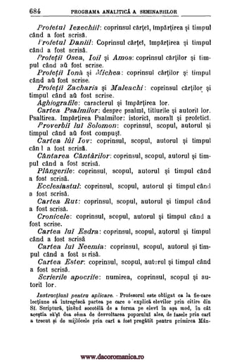 684 PROGRAM& ANALITICA A SEMINARIILOR
Pro fetal Iezechiil: coprinsul cartel, impartirea si timpul
and a fost scrisa.
Frofetul Da,ntil: Coprinsul cartel, impartirea si timpul
cand a lost scrisa.
Pratetil Osea, Toil si Amos: coprinsul cartilor si tim-
pul cand au fost scrise.
Proferil Iona, si Michea: coprinsul cartilor s;_ timpul
cand au fost scrise.
Prole 11 Zacharia si Maleachi: coprinsul cartilor si
timpul cand au fost scrise.
Agbiografile: caracterul si impartirea lor.
Cartea Psalmilor: despre psalm], titlurile si autoril lor.
Psaltirea. Impartirea Psalmilor: istoricl, morall si profeticl.
Proverb/I lul Solomon: coprinsul, scopul, autorul si
timpul cand au fost compust
Cartea 161 boy: coprinsul, scopul, autorul si timpul
can 1 a fost scrisa.
Cantarea Cantarilor: coprinsul, scopul, autorul si tim-
pul cand a fost scrisa.
Plngerile: coprinsul, scopul, autorul si timpul cand
a fost scrisa.
Ecclesiastul: coprinsul, scopul, autorul si timpul cand
a fost scrisa.
Cartea Rut: coprinsul, scopul, autorul si timpul cand
a fost scrisa.
Cronicele: coprinsul, scopul, autorul si timpul cand a
fost scrise.
Cartea lul Esdra: coprinsul, scopul, autorul si timpul
cand a fost scrisa
Cartea lui Neemia: coprinsul, scopul, autorul si tim-
pul cand a fost sc risa.
Cartea Ester: coprinsul, scopul, autorul si timpul cand
a fost scrisa.
Scrierile apocrife: numirea, coprinsul, scopul si au-
torii lor.
Instractiunl pentru aplicare. Profesorul este obligat ca la fie-care
'asthma sa intreeseit partea pe care o explica elevilor prin citire din
Sf. Scripturk tinend socotera de a forma pe elevl in ass. mod, In cat
acestia saisl dea s4ma de desvoltarea poporulal ales, de fasele prin earl
a trecut si de mijlOcele prin earl a fost pregiltit pentru primirea Man-
www.dacoromanica.ro
 