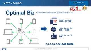 8Copyright ? 2019 OPTiM Corp. All Rights Reserved.
ץƥΚi
Optimal Biz ĩһԪ륯饦ͥǥХ`ӥ
ޥ?֥å
Υƥ
ץꥱ`
?һԪ
ƥɣĤһԪ

3,000,000̨\Ìg
 