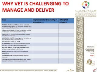WHY VET IS CHALLENGING TO
   MANAGE AND DELIVER




© The views expressed in this presentation are those of the speaker’s, and not the NAQQAET
 