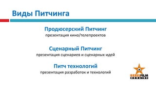 Виды ПитчингаПродюсерский Питчингпрезентация кино/телепроектовСценарный Питчингпрезентация сценариев и сценарных идейПитч технологийпрезентация разработок и технологий