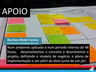 APOIO

 Business Model Canvas
www.businessmodelgeneration.com

 Num ambiente aplicado e num período intenso de 48
 horas, desenvolvemos o conceito e desenhámos o
 projeto, definindo o modelo de negócio, o plano de
 implementação e um pitch da ideia junto de um júri.
 