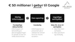 Dårlig
informasjon
Geo-sporing
Ugyldige
samtykker
Forskjellige
dokumenter
Informasjon om
behandling av
personopplysninger
er spredt ut over en
rekke dokumenter.
€ 50 millioner i gebyr til Google
Vanskelig
Informasjonen er
presentert på er
«blottet for enhver
form for intuitiv
karakter»
Ikke iht. krav til
samtykke
1. Ikke informert
samtykke
2. Ikke spesifisert
og utvetydig
 
