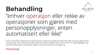 Behandling
”enhver operasjon eller rekke av
operasjoner som gjøres med
personopplysninger, enten
automatisert eller ikke”
f.eks. innsamling, registrering, organisering, strukturering, lagring, tilpasning eller endring, gjenfinning,
konsultering, bruk, utlevering ved overføring, spredning eller alle andre former for tilgjengeliggjøring,
sammenstilling eller samkjøring, begrensning, sletting eller tilintetgjøring,
23
«Processing»
 