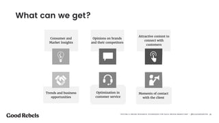Desarrollo de producto
Feedback
Alertas
Ideas
Comunicación
Rich Media
Reputación
Influencia
Presencia
Reviews
Comunidades
Stories
Ventas
Colaboraciones
Liderazgo
Blogs
ATC
Consultas
Soporte
Proactividad
Marketing
Demandas
Generación Leads
Reach
Consumer and
Market Insights
Opinions on brands
and their competitors
Moments of contact
with the client
Attractive content to
connect with
customers
Trends and business
opportunities
Optimization in
customer service
What can we get?
“OFFLINE & ONLINE RESEARCH TECHNIQUES FOR DATA DRIVEN MARKETING” - @ELEAZARSANTOS 󰀁28
 