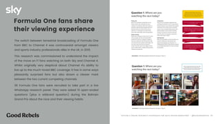 Formula One fans share
their viewing experience
The switch between terrestrial broadcasting of Formula One
from BBC to Channel 4 was controversial amongst viewers
and sports industry professionals alike in the UK, in 2016.
This research was commissioned to understand the impact
of the move on F1 fans watching on both Sky and Channel 4.
Whilst originally very skeptical about Channel 4’s ability to
live up to the much-loved BBC coverage, it has in some ways
pleasantly surprised fans but also drawn a clearer mark
between the two current competing channels.
36 Formula One fans were recruited to take part in a live
WhatsApp research panel. They were asked 10 open-ended
questions (plus a wildcard question) during the Bahrain
Grand Prix about the race and their viewing habits.
󰀁34“OFFLINE & ONLINE RESEARCH TECHNIQUES FOR DATA DRIVEN MARKETING” - @ELEAZARSANTOS
 