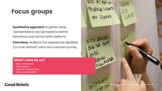 Qualitative approach to gather ideas,
representations and perceptions behind
behaviours and consumption patterns.
Interviews related to the experiences identified
(or to be defined) within the customer journey.
Focus groups
“OFFLINE & ONLINE RESEARCH TECHNIQUES FOR DATA DRIVEN MARKETING” - @ELEAZARSANTOS
What’s here for us?
- Wow moments
- Pain points
- Level of satisfaction 
- Uncovered needs
󰀁8
 