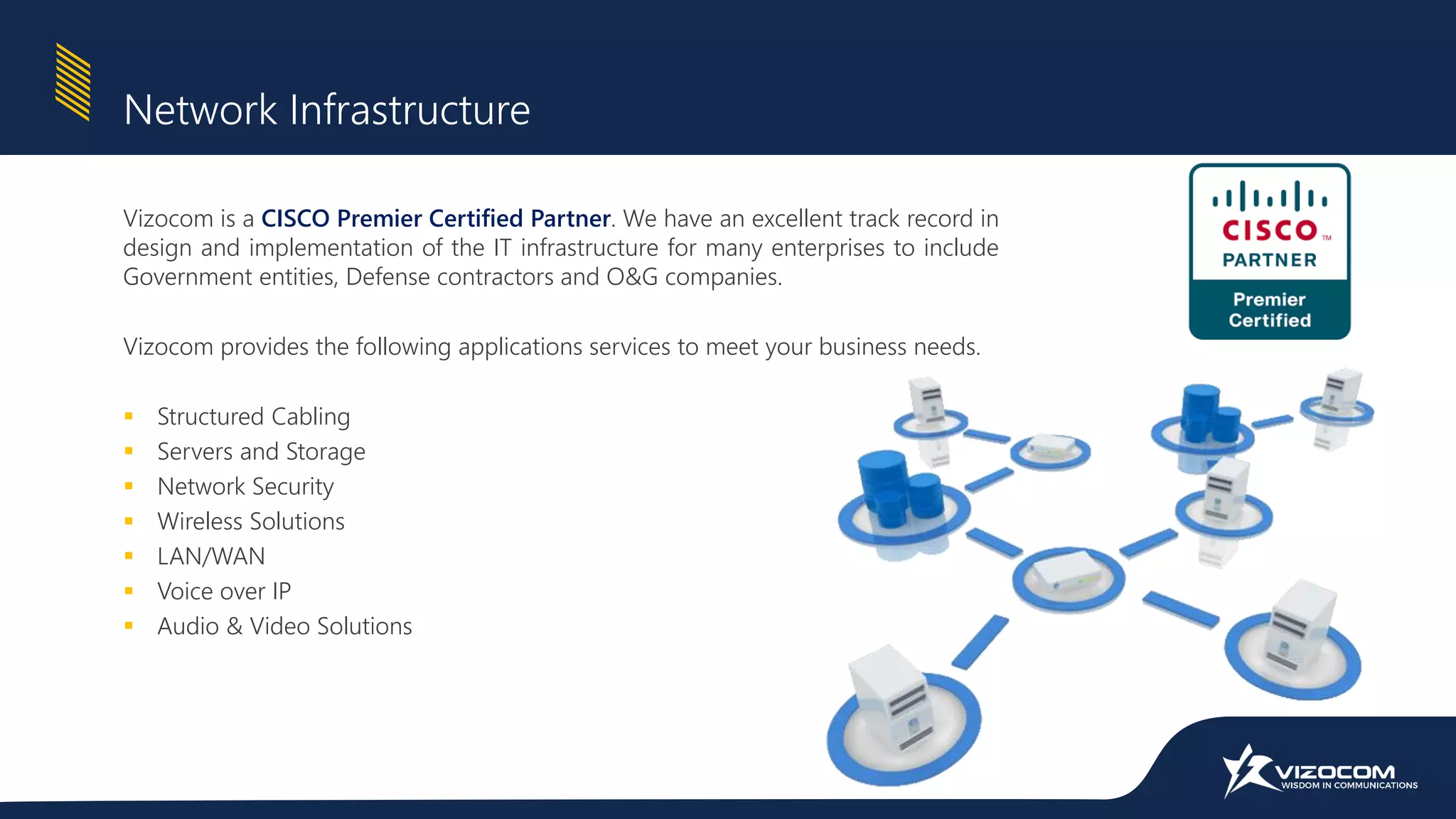 Vizocom is a CISCO Premier Certified Partner. We have an excellent track record in
design and implementation of the IT infrastructure for many enterprises to include
Government entities, Defense contractors and O&G companies.
Vizocom provides the following applications services to meet your business needs.
 Structured Cabling
 Servers and Storage
 Network Security
 Wireless Solutions
 LAN/WAN
 Voice over IP
 Audio & Video Solutions
Network Infrastructure
 